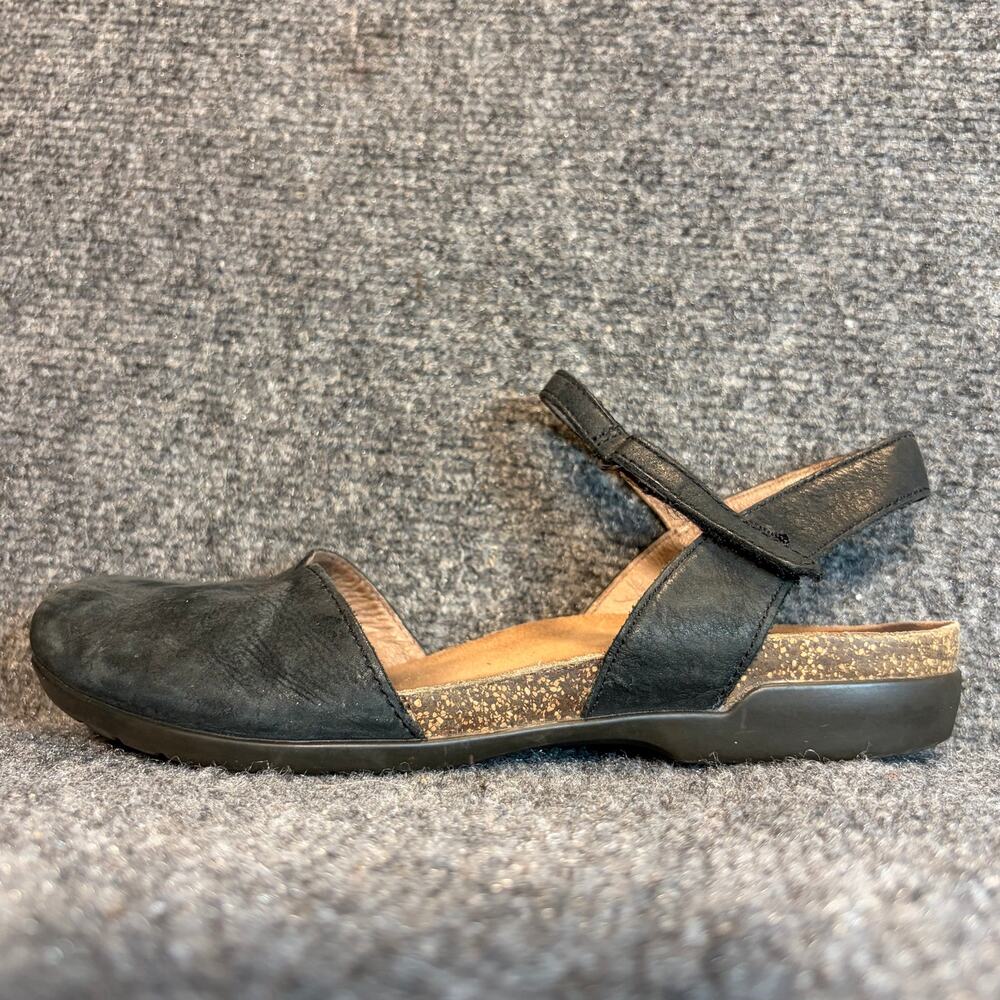 Dansko Womens 37 7 Black Leather Cork Flat Sandals Ankle Strap Comfort Shoes